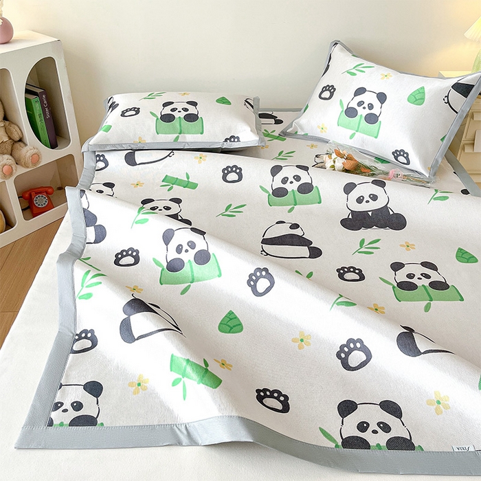 91家纺网 家纺一手货源 找家纺  （提供买家秀 爆款花型 不断货）2025新款600D小清新卡通印花冰丝凉席单件 可爱熊猫