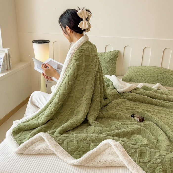 91家纺网 家纺一手货源 找家纺 高克重双层加厚塔芙绒毛毯双面绒盖毯沙发毯跨境外贸出口休闲毯子 麻花-抹茶绿