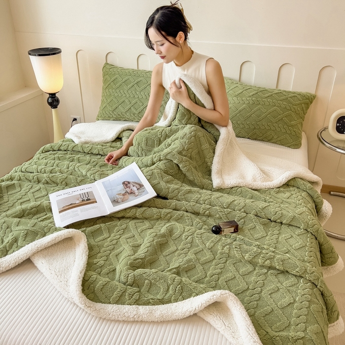 91家纺网 家纺一手货源 找家纺 高克重双层加厚塔芙绒毛毯双面绒盖毯沙发毯跨境外贸出口休闲毯子 麻花-抹茶绿