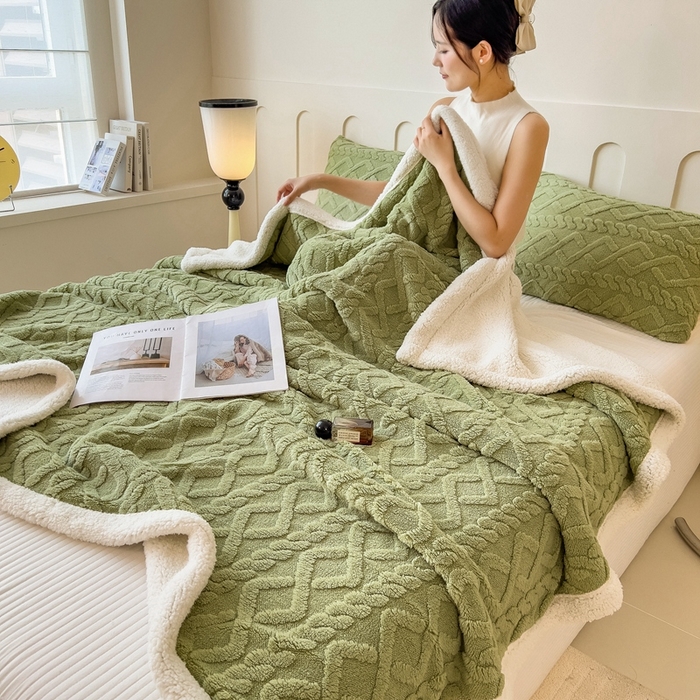 91家纺网 家纺一手货源 找家纺 高克重双层加厚塔芙绒毛毯双面绒盖毯沙发毯跨境外贸出口休闲毯子 麻花-抹茶绿