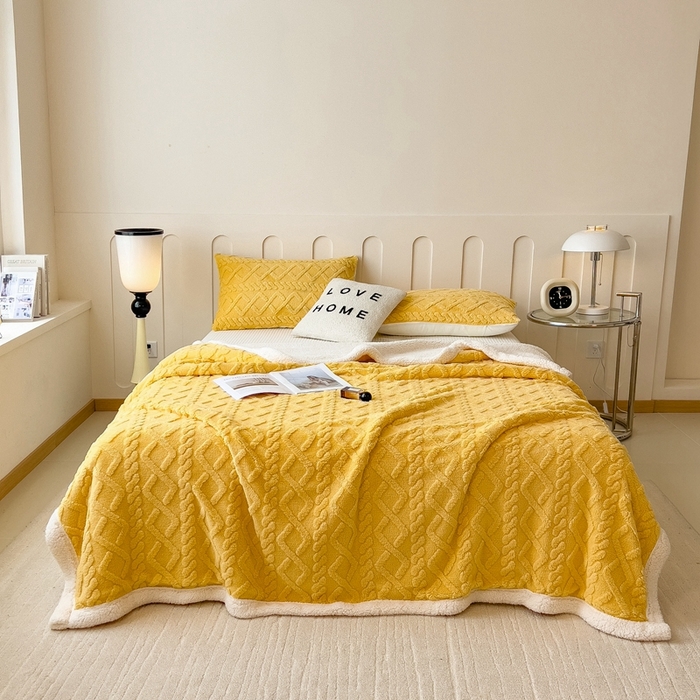 91家纺网 家纺一手货源 找家纺 高克重双层加厚塔芙绒毛毯双面绒盖毯沙发毯跨境外贸出口休闲毯子 麻花-柠檬黄