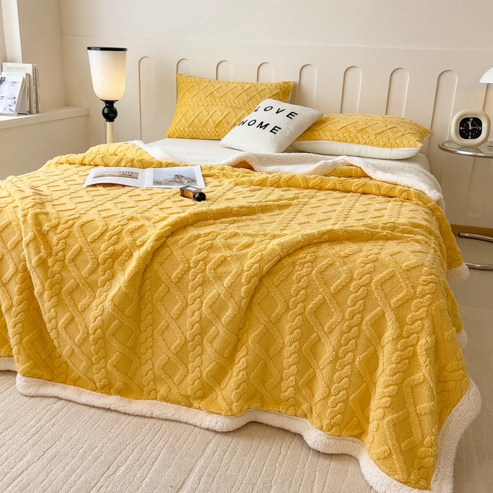 91家纺网 家纺一手货源 找家纺 高克重双层加厚塔芙绒毛毯双面绒盖毯沙发毯跨境外贸出口休闲毯子 麻花-柠檬黄