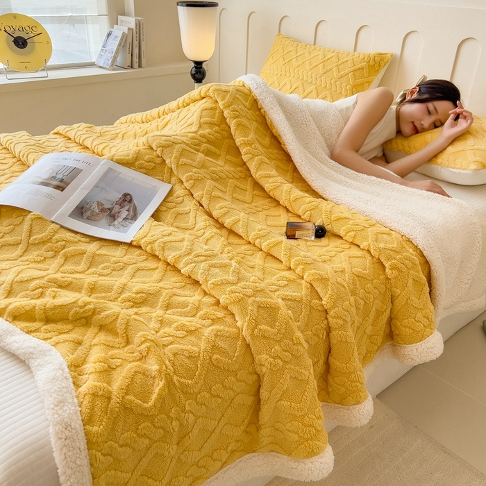 91家纺网 家纺一手货源 找家纺 高克重双层加厚塔芙绒毛毯双面绒盖毯沙发毯跨境外贸出口休闲毯子 麻花-柠檬黄