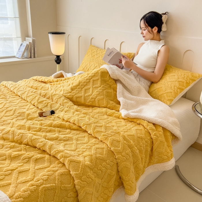 91家纺网 家纺一手货源 找家纺 高克重双层加厚塔芙绒毛毯双面绒盖毯沙发毯跨境外贸出口休闲毯子 麻花-柠檬黄