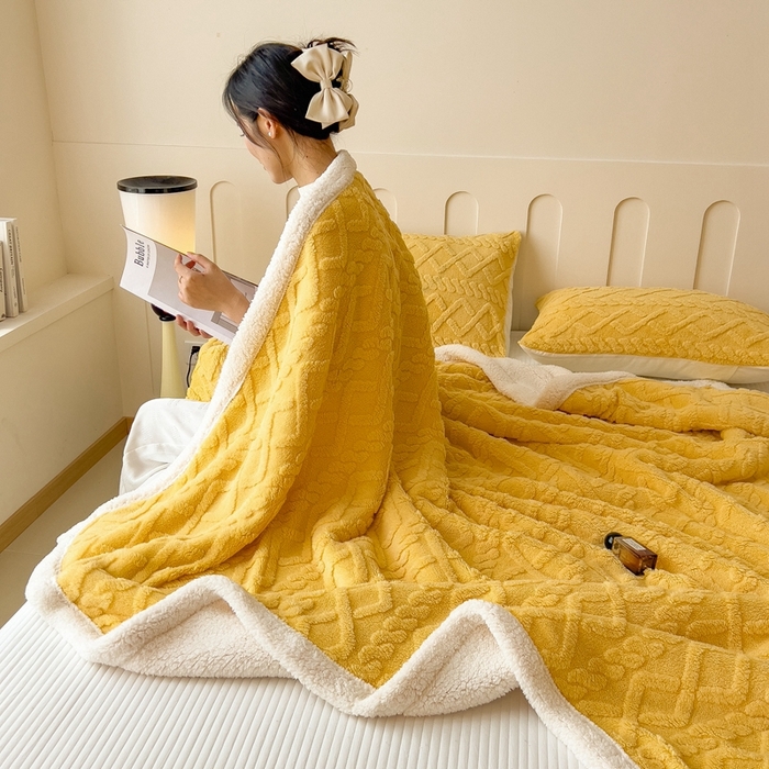 91家纺网 家纺一手货源 找家纺 高克重双层加厚塔芙绒毛毯双面绒盖毯沙发毯跨境外贸出口休闲毯子 麻花-柠檬黄