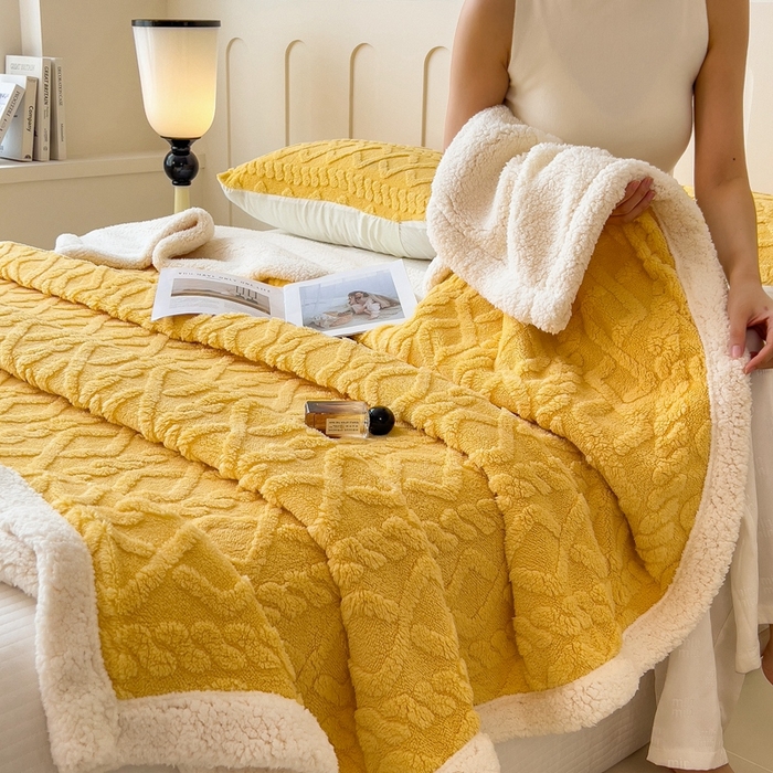 91家纺网 家纺一手货源 找家纺 高克重双层加厚塔芙绒毛毯双面绒盖毯沙发毯跨境外贸出口休闲毯子 麻花-柠檬黄