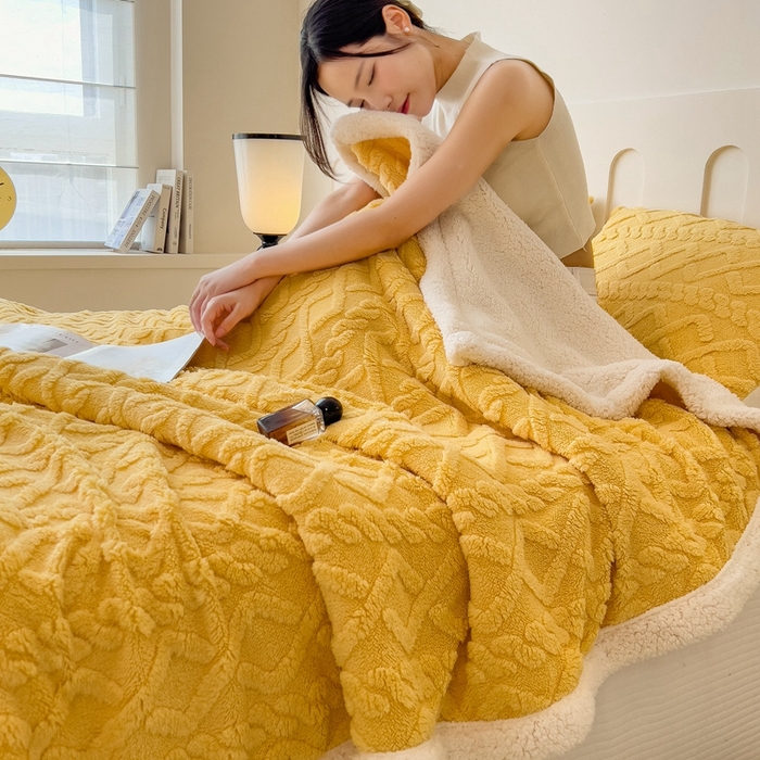 91家纺网 家纺一手货源 找家纺 高克重双层加厚塔芙绒毛毯双面绒盖毯沙发毯跨境外贸出口休闲毯子 麻花-柠檬黄