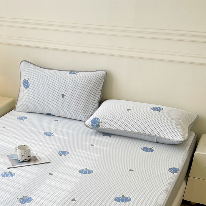 91家纺网 家纺一手货源 找家纺 LIFE.丽芙 2025春夏季新品A类针织提花冰凉豆豆凉感枕头套机包边款（风格一） 南瓜-海蓝