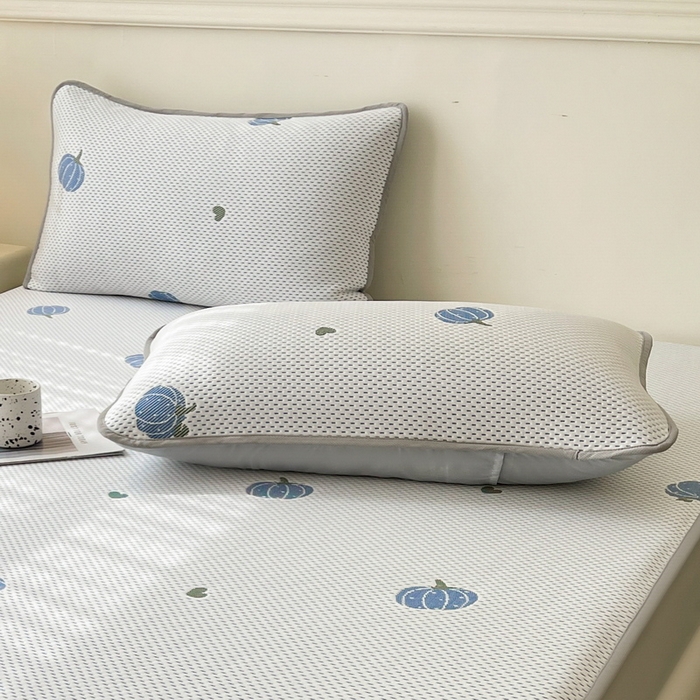 91家纺网 家纺一手货源 找家纺 LIFE.丽芙 2025春夏季新品A类针织提花冰凉豆豆凉感枕头套机包边款（风格一） 南瓜-海蓝