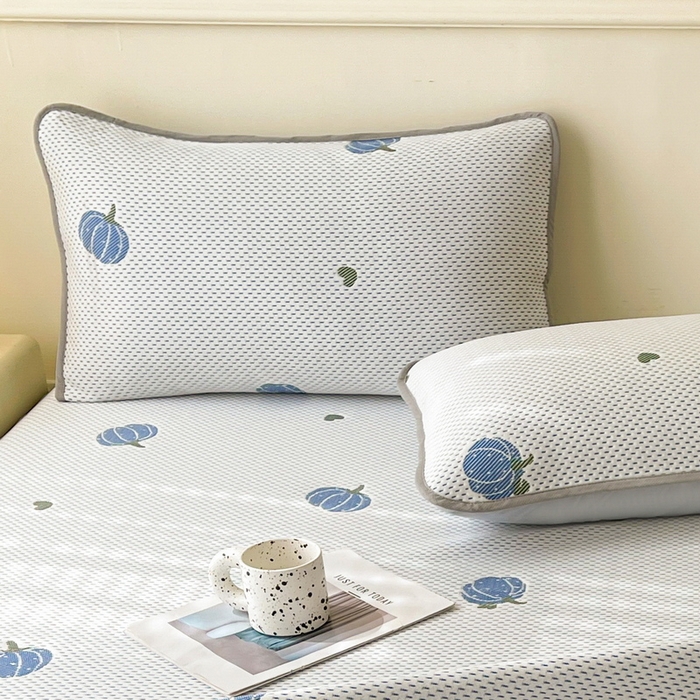91家纺网 家纺一手货源 找家纺 LIFE.丽芙 2025春夏季新品A类针织提花冰凉豆豆凉感枕头套机包边款（风格一） 南瓜-海蓝