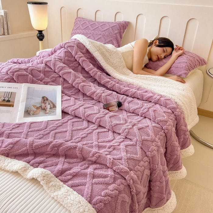 91家纺网 家纺一手货源 找家纺 高克重双层加厚塔芙绒毛毯双面绒盖毯沙发毯跨境外贸出口休闲毯子 麻花-香芋紫