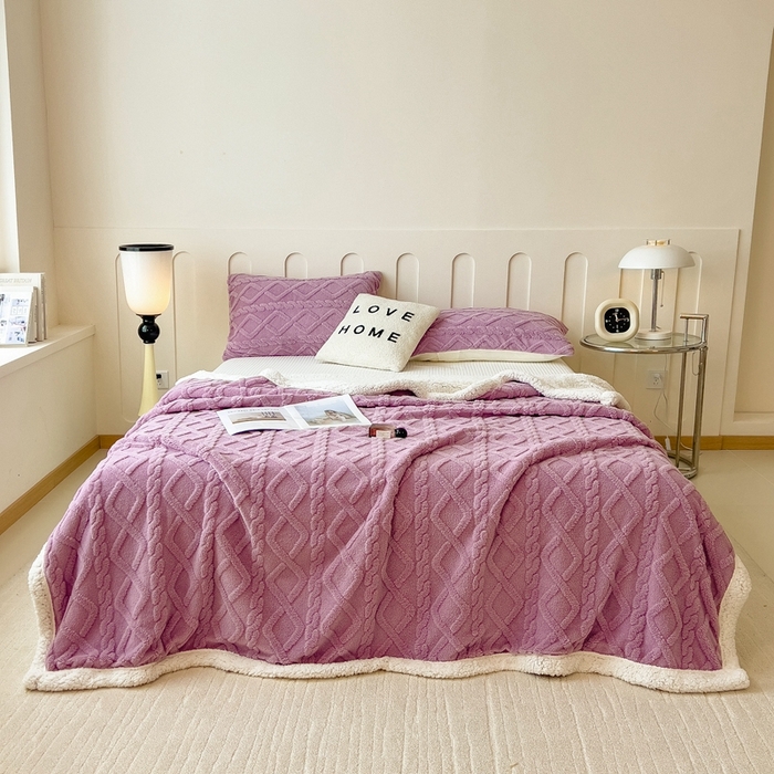 91家纺网 家纺一手货源 找家纺 高克重双层加厚塔芙绒毛毯双面绒盖毯沙发毯跨境外贸出口休闲毯子 麻花-香芋紫