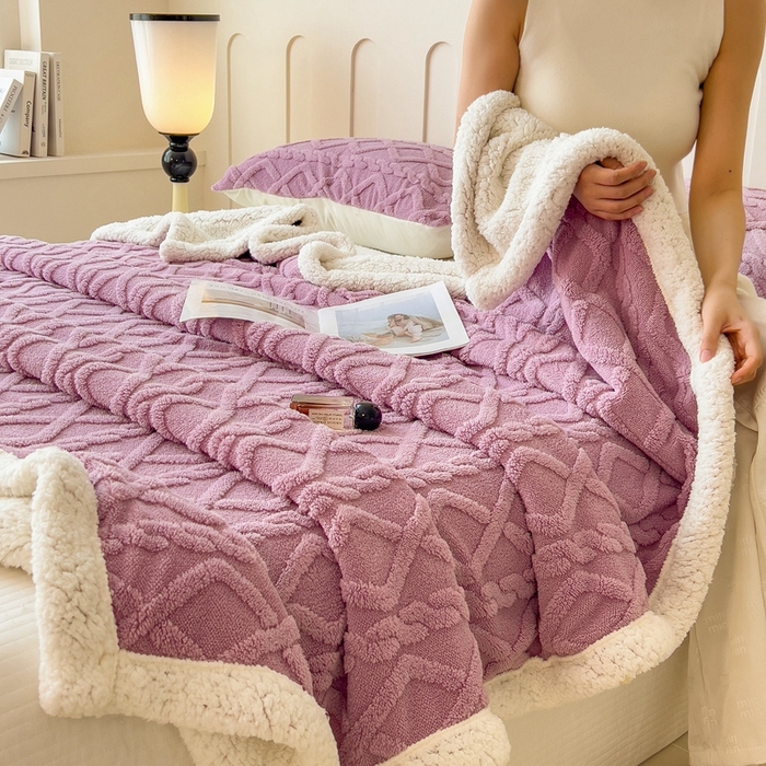 91家纺网 家纺一手货源 找家纺 高克重双层加厚塔芙绒毛毯双面绒盖毯沙发毯跨境外贸出口休闲毯子 麻花-香芋紫