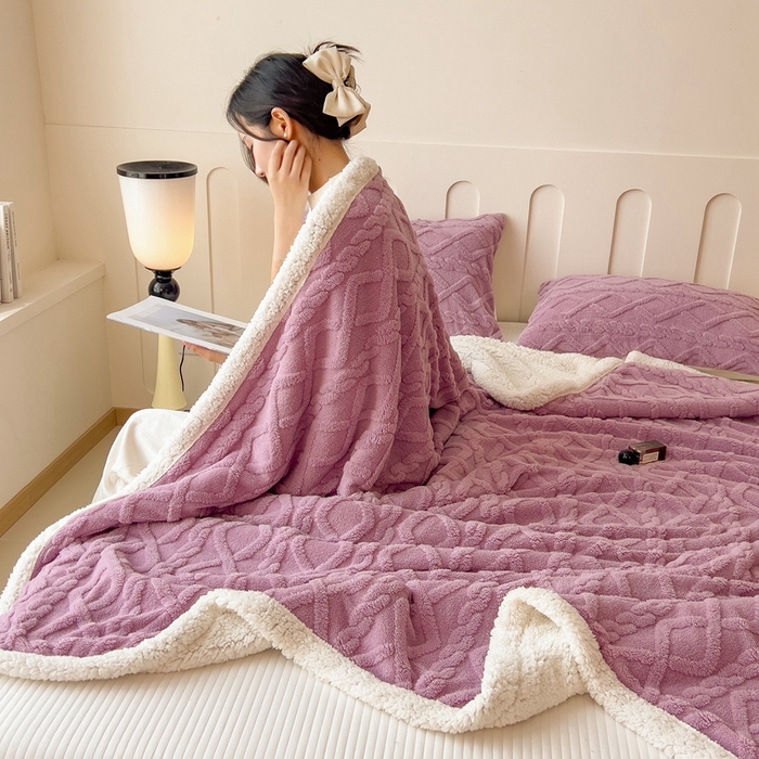 91家纺网 家纺一手货源 找家纺 高克重双层加厚塔芙绒毛毯双面绒盖毯沙发毯跨境外贸出口休闲毯子 麻花-香芋紫