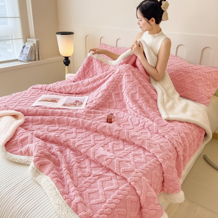 91家纺网 家纺一手货源 找家纺 高克重双层加厚塔芙绒毛毯双面绒盖毯沙发毯跨境外贸出口休闲毯子 麻花-樱花粉