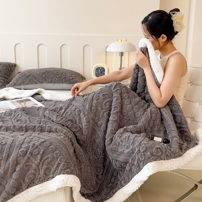 91家纺网 家纺一手货源 找家纺 高克重双层加厚塔芙绒毛毯双面绒盖毯沙发毯跨境外贸出口休闲毯子 欧式-高级灰