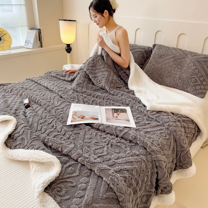 91家纺网 家纺一手货源 找家纺 高克重双层加厚塔芙绒毛毯双面绒盖毯沙发毯跨境外贸出口休闲毯子 欧式-高级灰