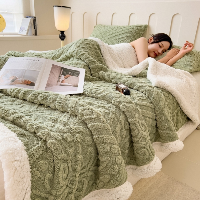 91家纺网 家纺一手货源 找家纺 高克重双层加厚塔芙绒毛毯双面绒盖毯沙发毯跨境外贸出口休闲毯子 欧式-抹茶绿
