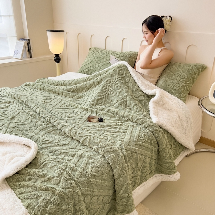 91家纺网 家纺一手货源 找家纺 高克重双层加厚塔芙绒毛毯双面绒盖毯沙发毯跨境外贸出口休闲毯子 欧式-抹茶绿