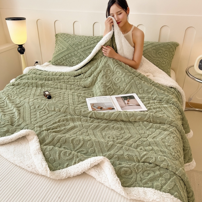 91家纺网 家纺一手货源 找家纺 高克重双层加厚塔芙绒毛毯双面绒盖毯沙发毯跨境外贸出口休闲毯子 欧式-抹茶绿
