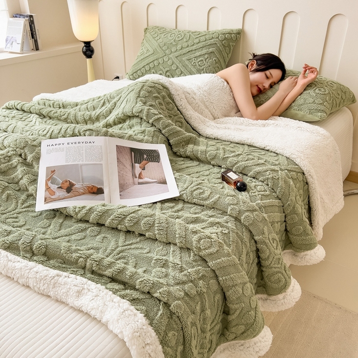 91家纺网 家纺一手货源 找家纺 高克重双层加厚塔芙绒毛毯双面绒盖毯沙发毯跨境外贸出口休闲毯子 欧式-抹茶绿