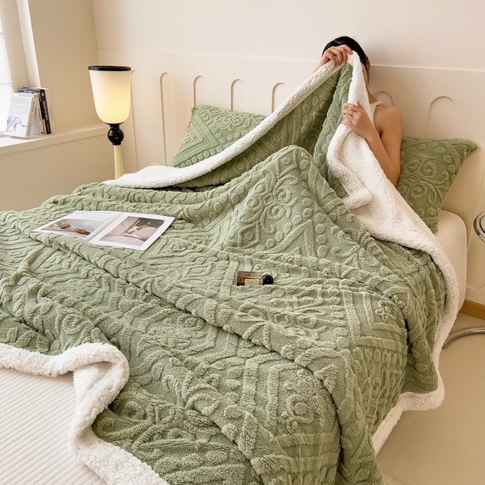 91家纺网 家纺一手货源 找家纺 高克重双层加厚塔芙绒毛毯双面绒盖毯沙发毯跨境外贸出口休闲毯子 欧式-抹茶绿
