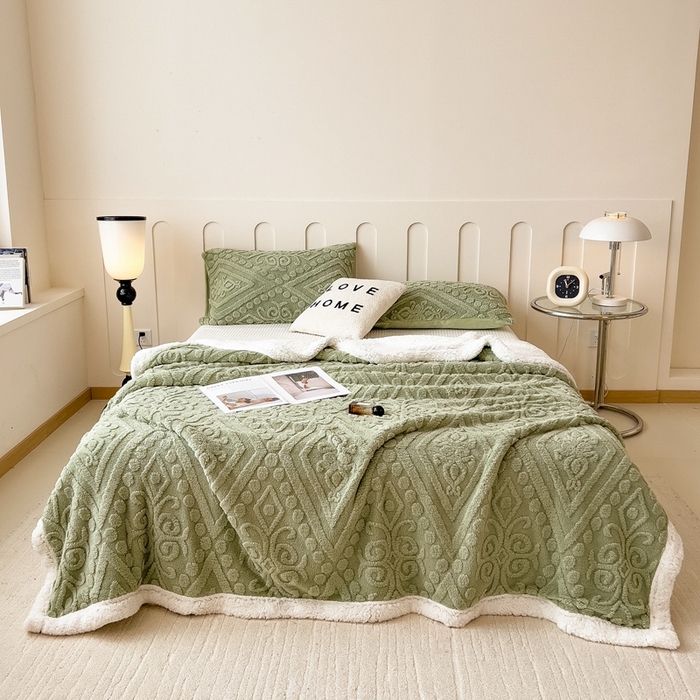 91家纺网 家纺一手货源 找家纺 高克重双层加厚塔芙绒毛毯双面绒盖毯沙发毯跨境外贸出口休闲毯子 欧式-抹茶绿