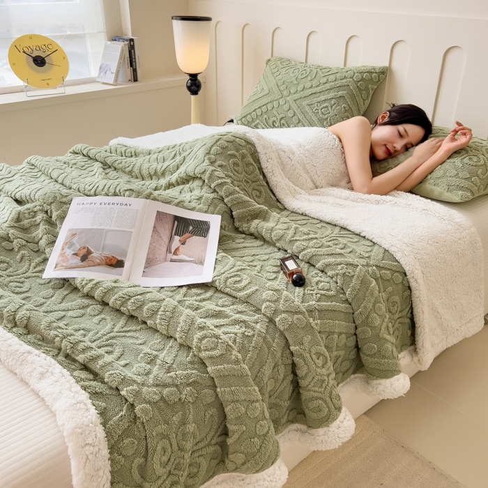 91家纺网 家纺一手货源 找家纺 高克重双层加厚塔芙绒毛毯双面绒盖毯沙发毯跨境外贸出口休闲毯子 欧式-抹茶绿