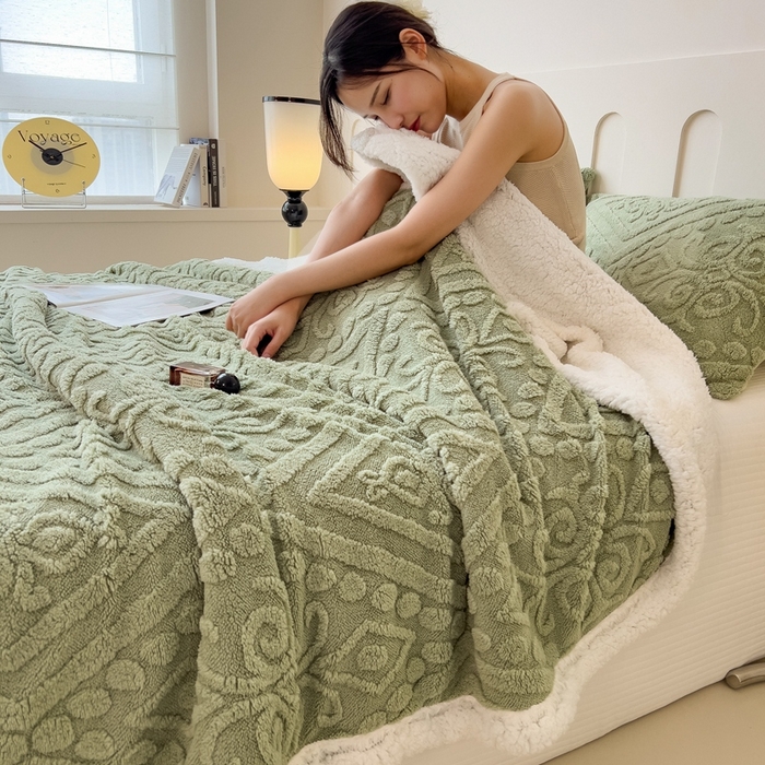 91家纺网 家纺一手货源 找家纺 高克重双层加厚塔芙绒毛毯双面绒盖毯沙发毯跨境外贸出口休闲毯子 欧式-抹茶绿
