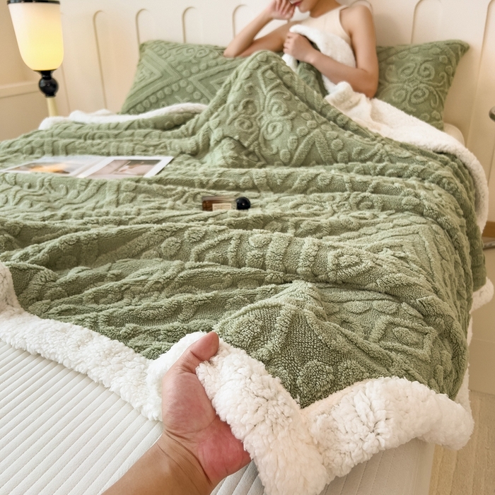 91家纺网 家纺一手货源 找家纺 高克重双层加厚塔芙绒毛毯双面绒盖毯沙发毯跨境外贸出口休闲毯子 欧式-抹茶绿