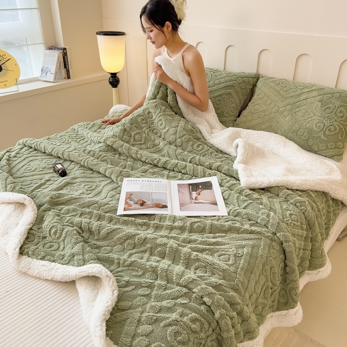 91家纺网 家纺一手货源 找家纺 高克重双层加厚塔芙绒毛毯双面绒盖毯沙发毯跨境外贸出口休闲毯子 欧式-抹茶绿