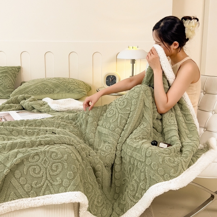 91家纺网 家纺一手货源 找家纺 高克重双层加厚塔芙绒毛毯双面绒盖毯沙发毯跨境外贸出口休闲毯子 欧式-抹茶绿