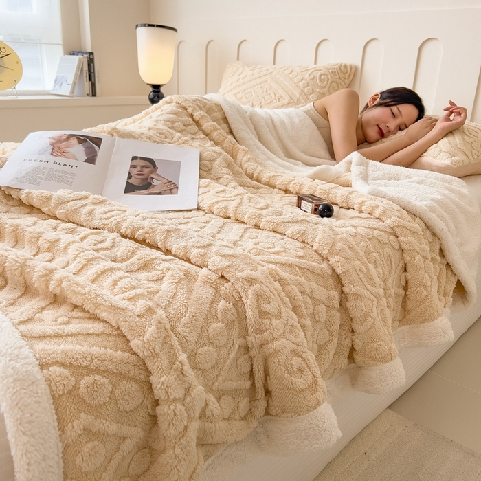 91家纺网 家纺一手货源 找家纺 高克重双层加厚塔芙绒毛毯双面绒盖毯沙发毯跨境外贸出口休闲毯子 欧式-奶咖色