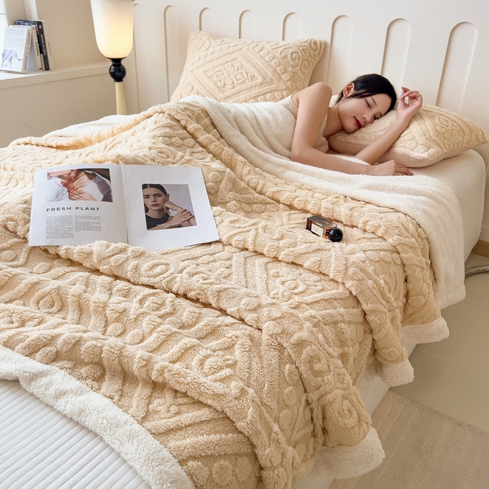 91家纺网 家纺一手货源 找家纺 高克重双层加厚塔芙绒毛毯双面绒盖毯沙发毯跨境外贸出口休闲毯子 欧式-奶咖色