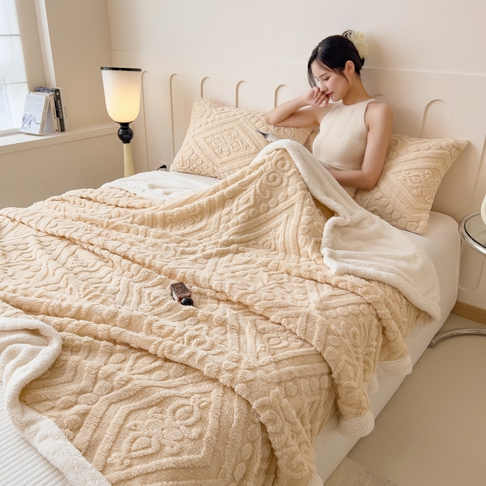 91家纺网 家纺一手货源 找家纺 高克重双层加厚塔芙绒毛毯双面绒盖毯沙发毯跨境外贸出口休闲毯子 欧式-奶咖色