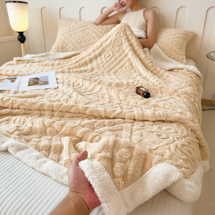 91家纺网 家纺一手货源 找家纺 高克重双层加厚塔芙绒毛毯双面绒盖毯沙发毯跨境外贸出口休闲毯子 欧式-奶咖色