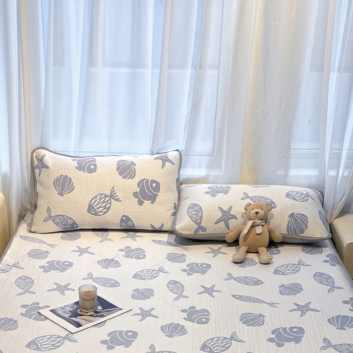 91家纺网 家纺一手货源 找家纺 LIFE.丽芙 2025春夏季新品A类针织提花冰凉豆豆凉感枕头套机包边款（风格二） 海底世界-海蓝