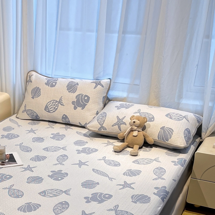 91家纺网 家纺一手货源 找家纺 LIFE.丽芙 2025春夏季新品A类针织提花冰凉豆豆凉感枕头套机包边款（风格二） 海底世界-海蓝