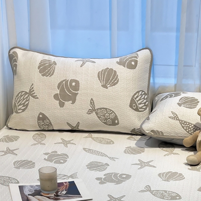 91家纺网 家纺一手货源 找家纺 LIFE.丽芙 2025春夏季新品A类针织提花冰凉豆豆凉感枕头套机包边款（风格二） 海底世界-灰