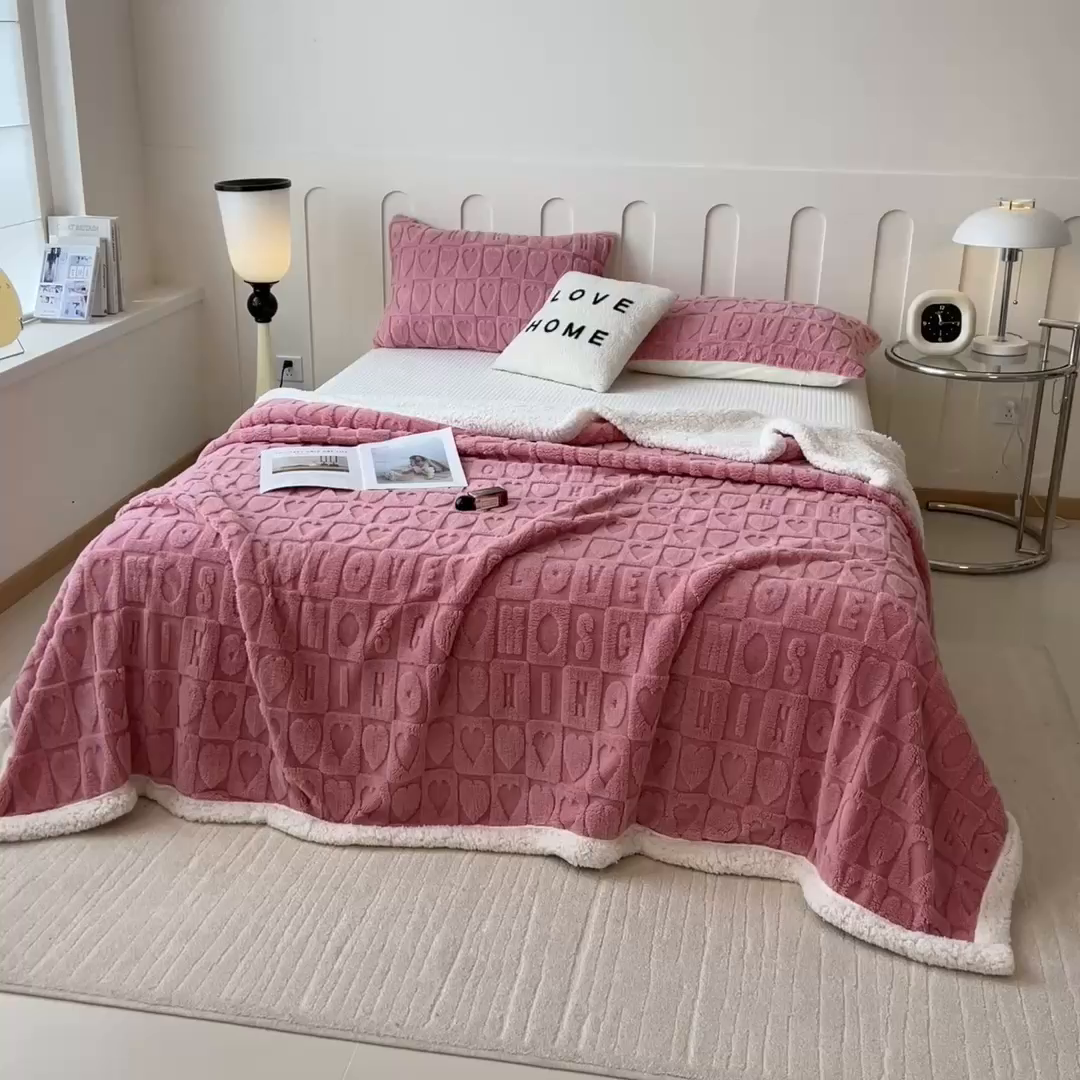 91家纺网 家纺一手货源 找家纺 高克重双层加厚塔芙绒毛毯双面绒盖毯沙发毯跨境外贸出口休闲毯子 爱心-樱花粉