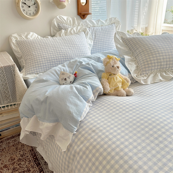 91家纺网 家纺一手货源 找家纺 （总）有间小屋 2025新款A类ins韩系全棉水洗棉花边款四件套,花边黑小格,花边粉小格,花边红小格,花边黄小格,花边兰小格