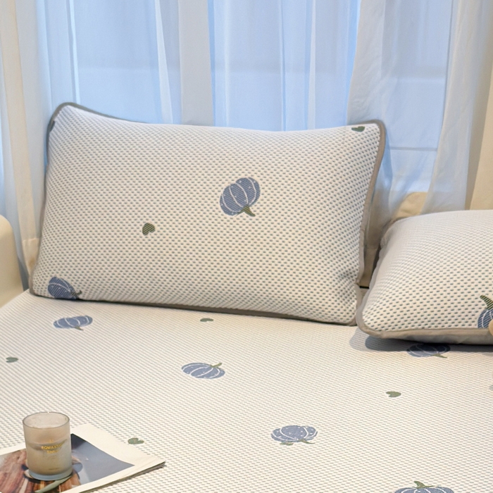 91家纺网 家纺一手货源 找家纺 LIFE.丽芙 2025春夏季新品A类针织提花冰凉豆豆凉感枕头套机包边款（风格二） 南瓜-海蓝