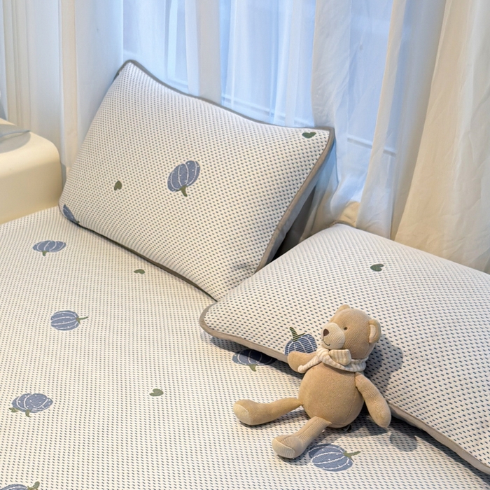 91家纺网 家纺一手货源 找家纺 LIFE.丽芙 2025春夏季新品A类针织提花冰凉豆豆凉感枕头套机包边款（风格二） 南瓜-海蓝