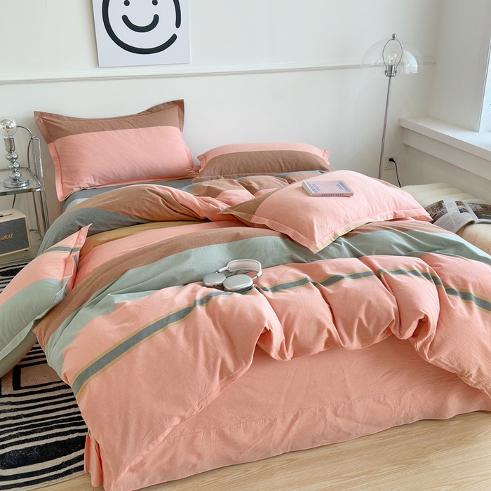 91家纺网 家纺一手货源 找家纺 三沁家居 2025新款格子色织全棉水洗棉四件套直播爆款量大价优 莫兰迪粉