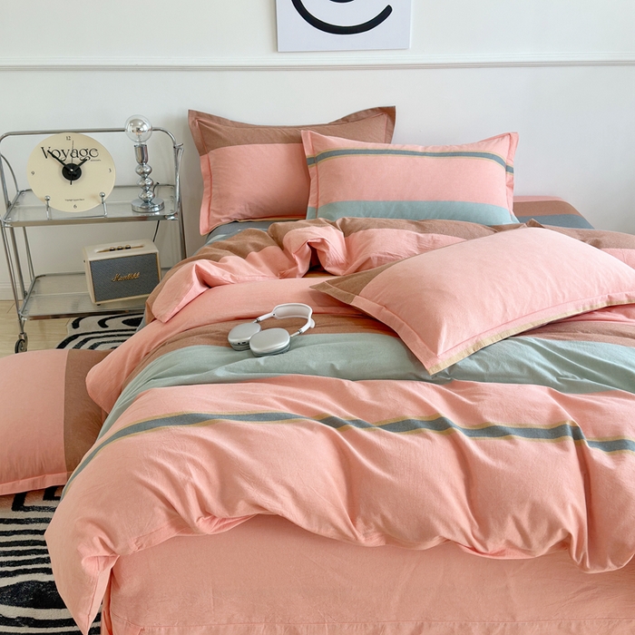 91家纺网 家纺一手货源 找家纺 三沁家居 2025新款格子色织全棉水洗棉四件套直播爆款量大价优 莫兰迪粉