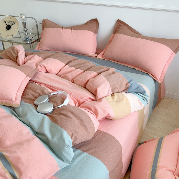 91家纺网 家纺一手货源 找家纺 三沁家居 2025新款格子色织全棉水洗棉四件套直播爆款量大价优 莫兰迪粉