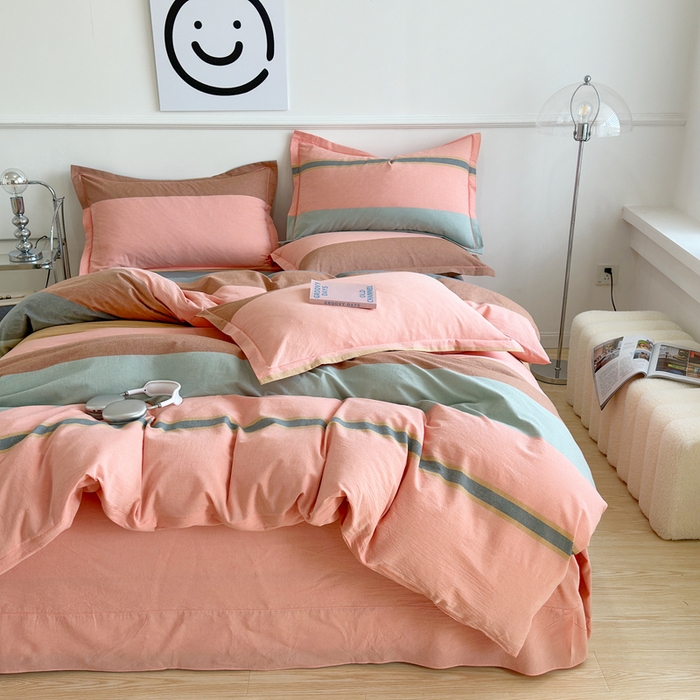 91家纺网 家纺一手货源 找家纺 三沁家居 2025新款格子色织全棉水洗棉四件套直播爆款量大价优 莫兰迪粉