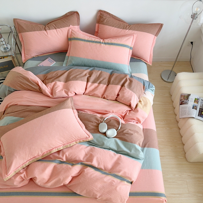 91家纺网 家纺一手货源 找家纺 三沁家居 2025新款格子色织全棉水洗棉四件套直播爆款量大价优 莫兰迪粉