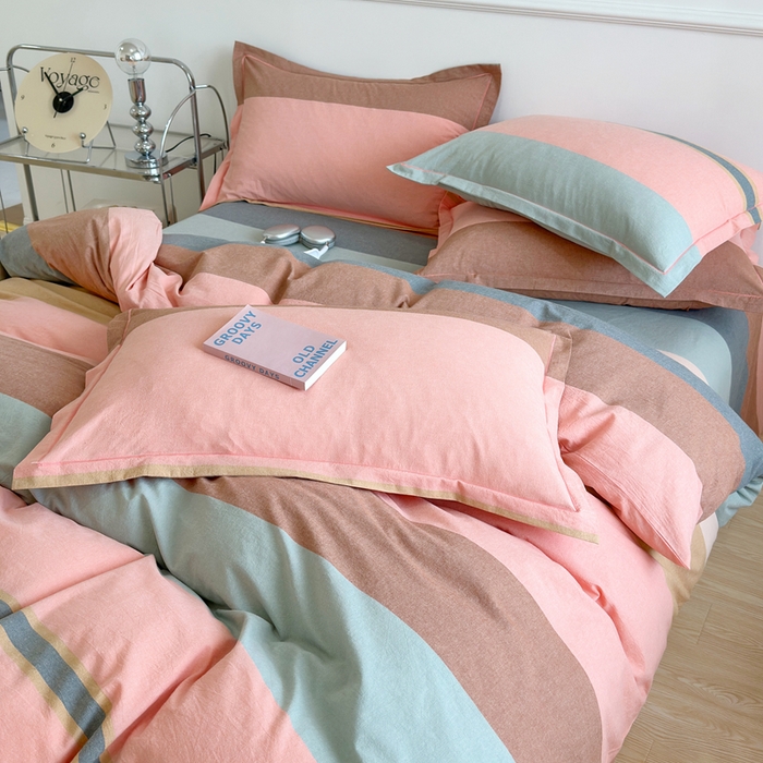 91家纺网 家纺一手货源 找家纺 三沁家居 2025新款格子色织全棉水洗棉四件套直播爆款量大价优 莫兰迪粉