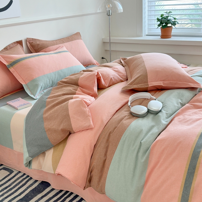 91家纺网 家纺一手货源 找家纺 三沁家居 2025新款格子色织全棉水洗棉四件套直播爆款量大价优 莫兰迪粉